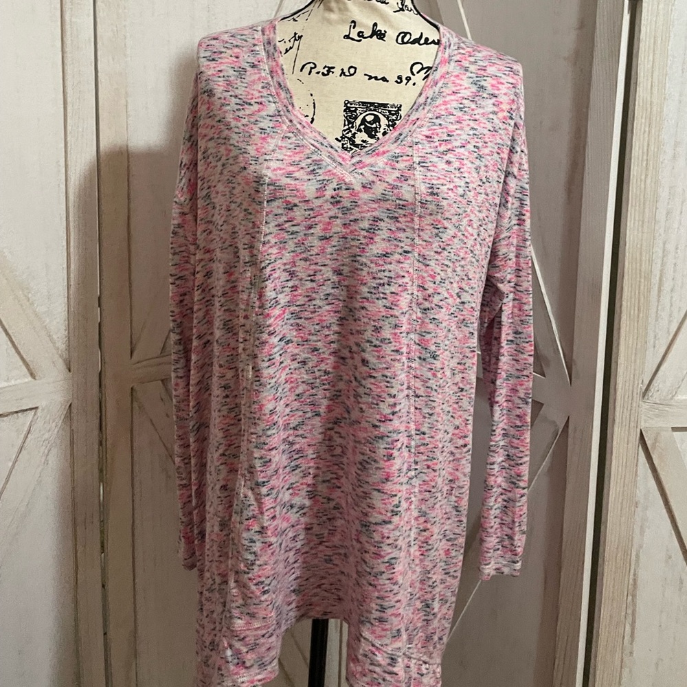 LANE BRYANT LIVI ACTIVE EUC MARLED SWEATER TUNIC 14/16 cream, blue & neon pink